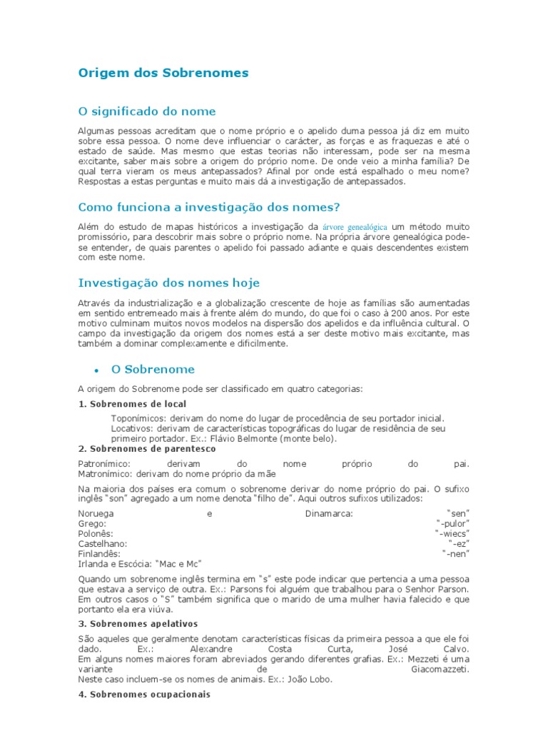 Origem e Significado dos Sobrenomes | PDF | Sobrenome | Brasil