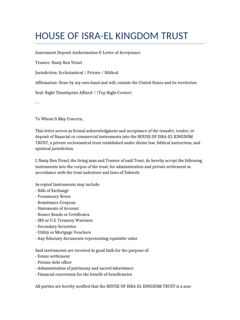 Trust Instrument Deposit Authorization | PDF