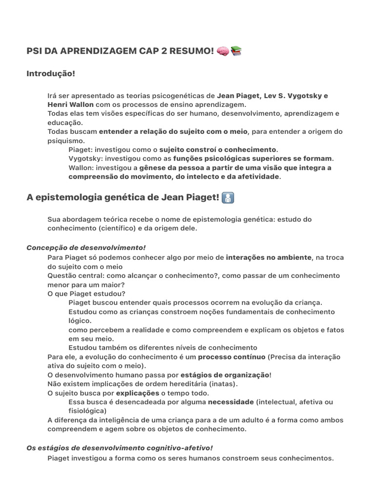 Teorias de Aprendizagem: Piaget e Vygotsky | PDF | Aprendizado | Cognição
