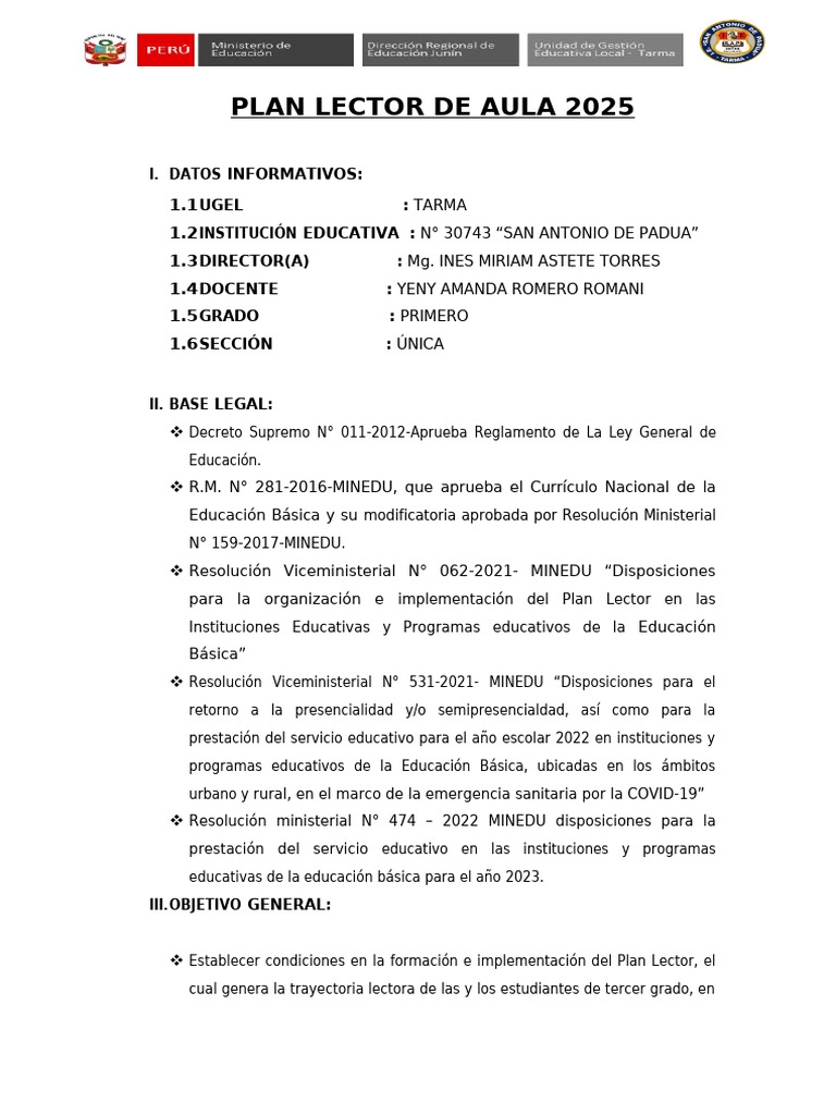 Plan Lector Aula 2025 Primaria | PDF | Salón de clases | Maestros