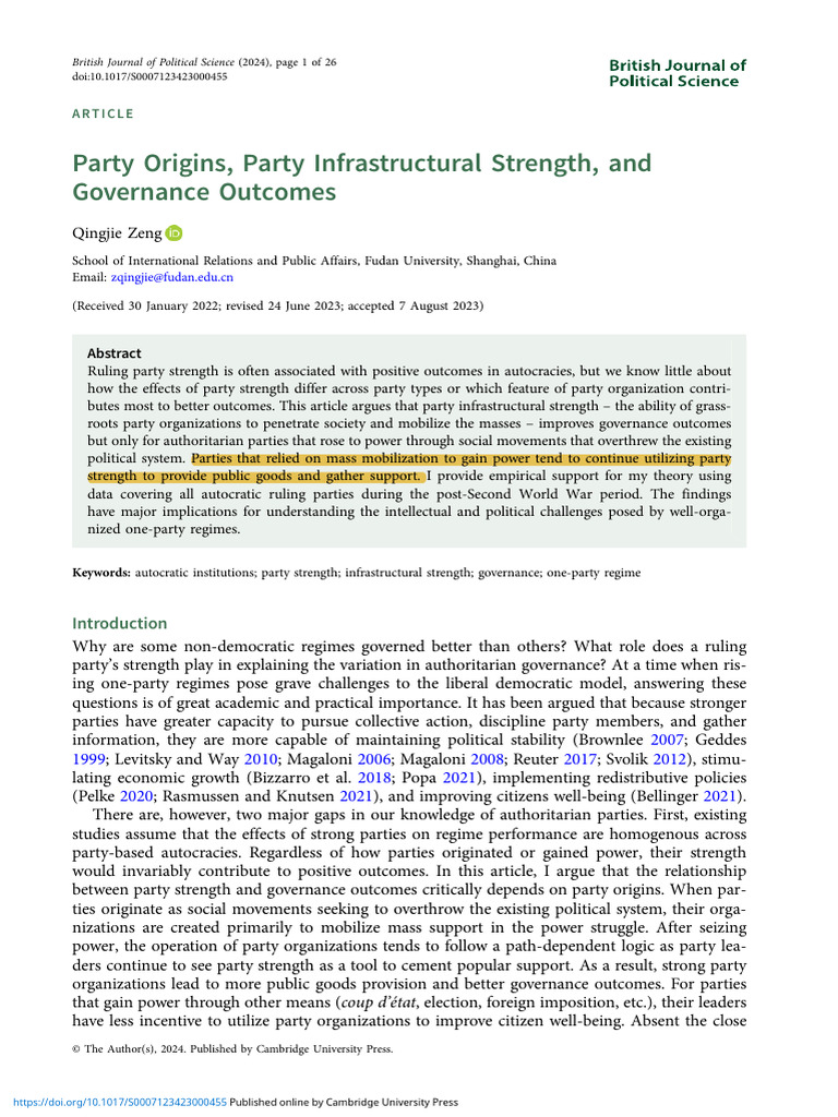 Party Strength and Governance in Autocracies | PDF | Authoritarianism ...