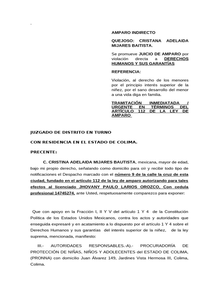 Amparo Indirecto por Violación de Derechos Infantiles | PDF | Derecho ...