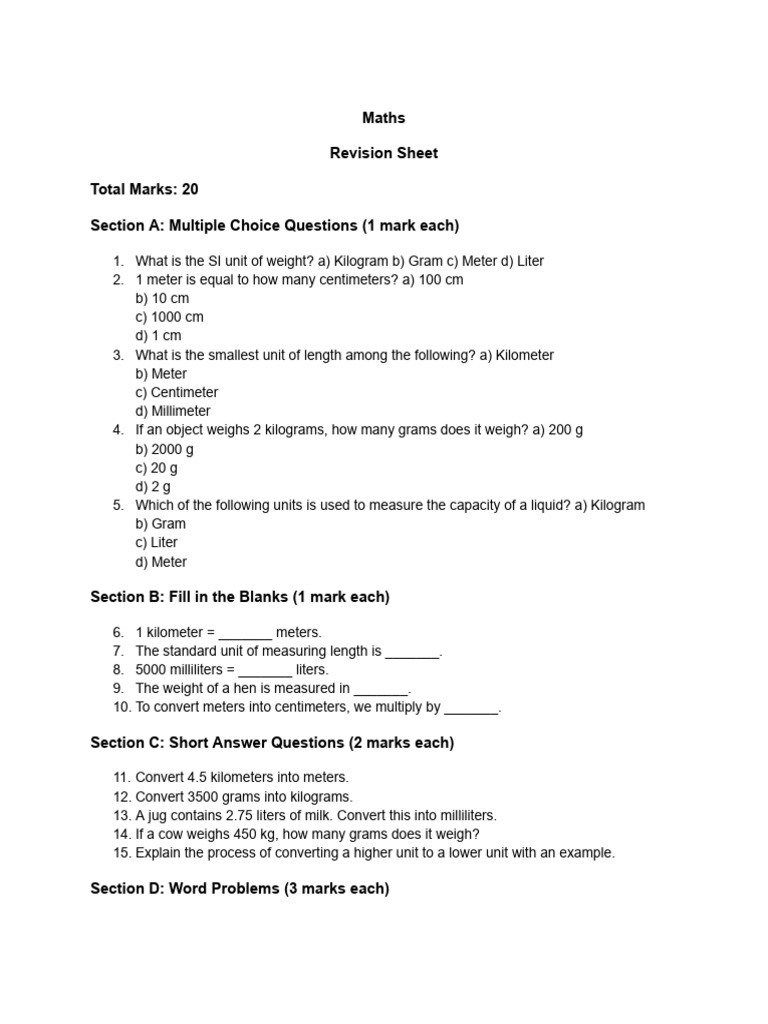 Maths Revision Sheet for Units | PDF