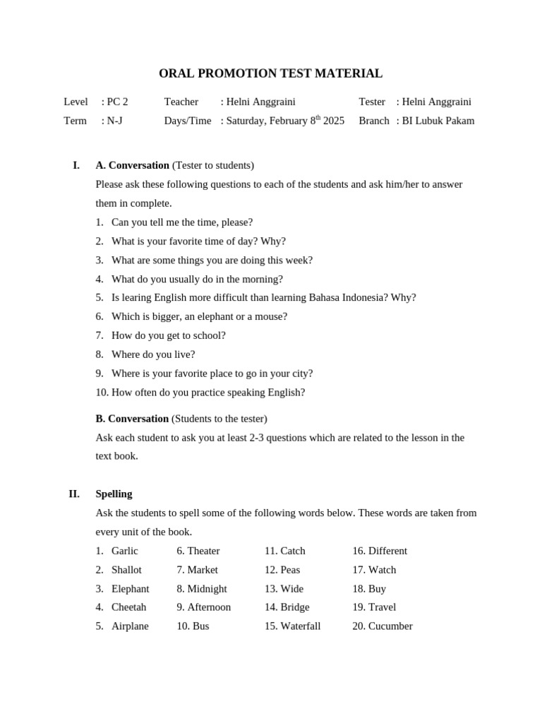 Oral Promotion Test Guide for PC 2 | PDF