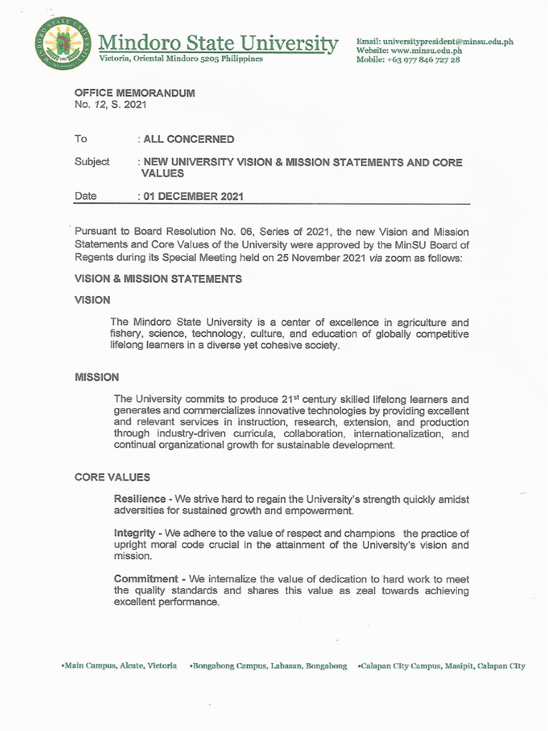 MinSU Office Memorandum No. 12 S. 2022 New University Vision Mission ...