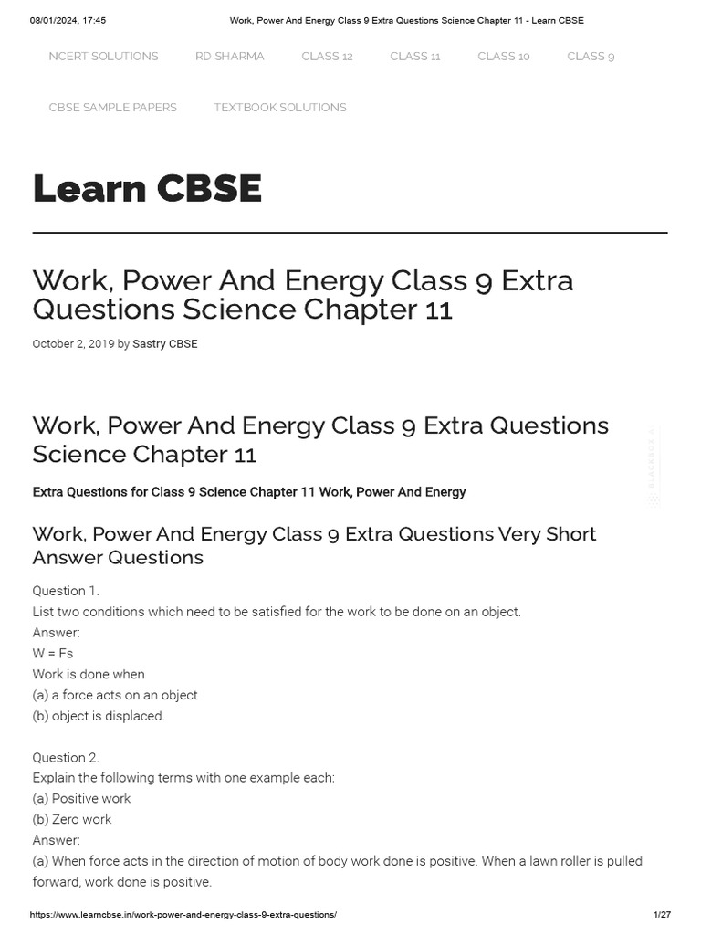 Class 9 Work and Energy Extra Questions | PDF | Potential Energy ...