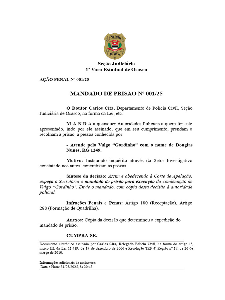 Mandado de Prisão RG 1249 | PDF