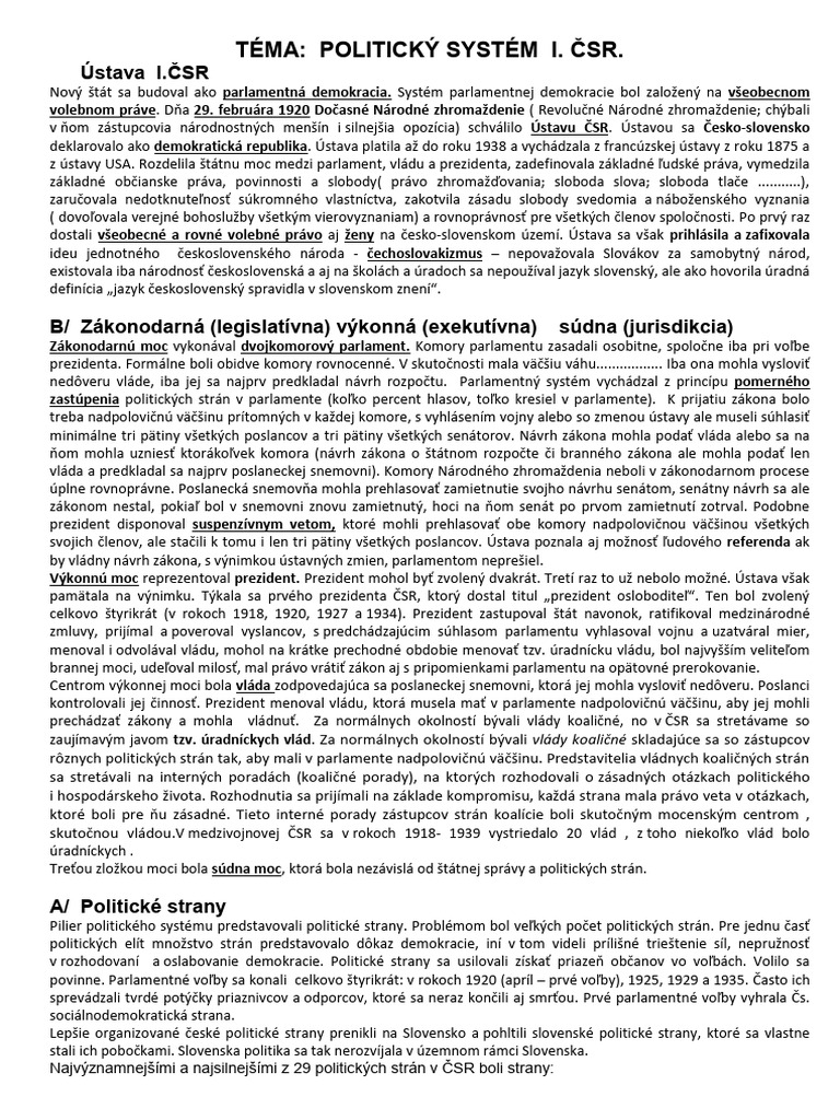 PL - 2024-25 - TÉMA - Politický Systém I.čsr | PDF