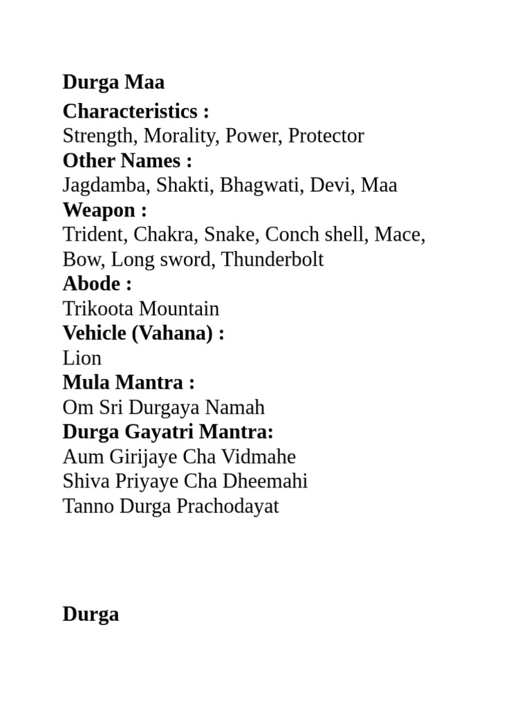 Characteristics and Names of Durga Maa | PDF | Devi | Hindu Deities