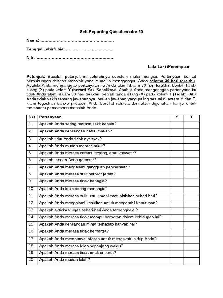 Kuesioner SRQ-20 untuk Kesehatan Mental | PDF