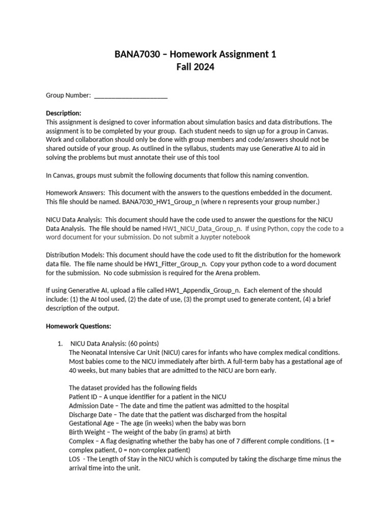 BANA7030 Homework 1 Fall 2024 | PDF | Neonatal Intensive Care Unit ...