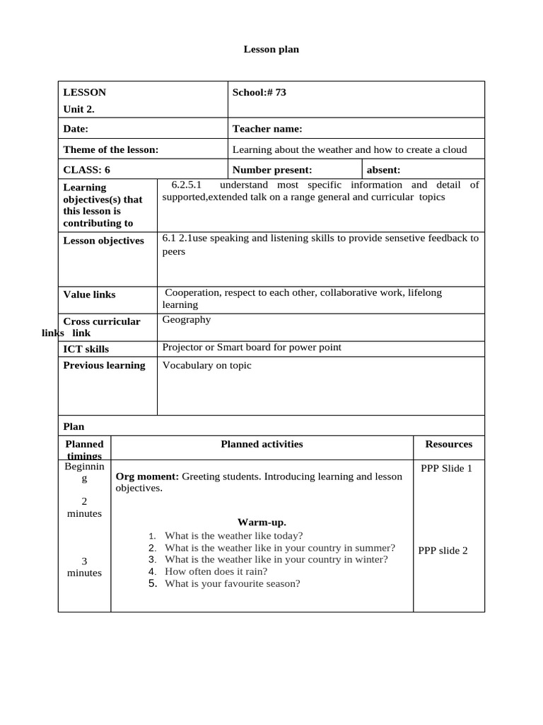 Weather Lesson Plan for Grade 6 | PDF | Weather | Rain