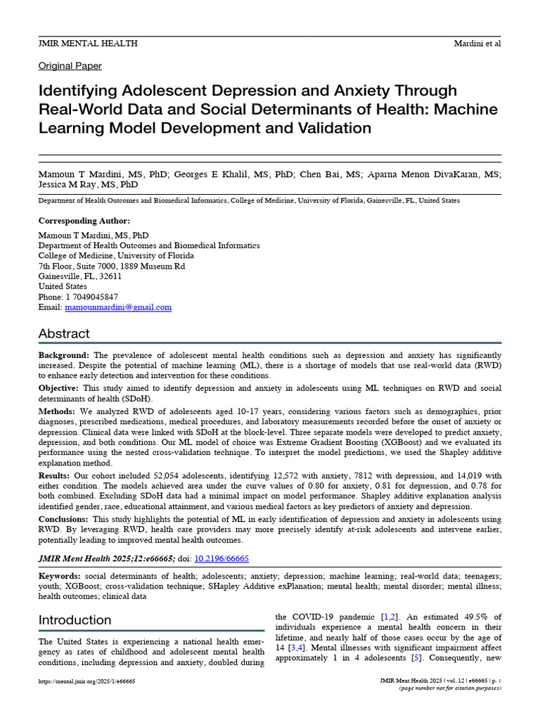 ML for Adolescent Mental Health Detection | PDF | Mental Health ...