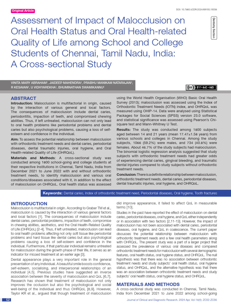 Assessment of Impact of Malocclusion On Oral Health Status and Oral ...