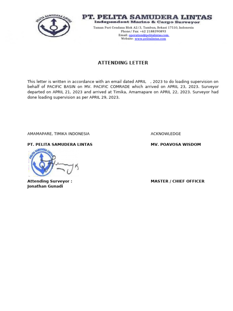 Attending Letter - MV. POAVOSA WISDOM Salinan | PDF