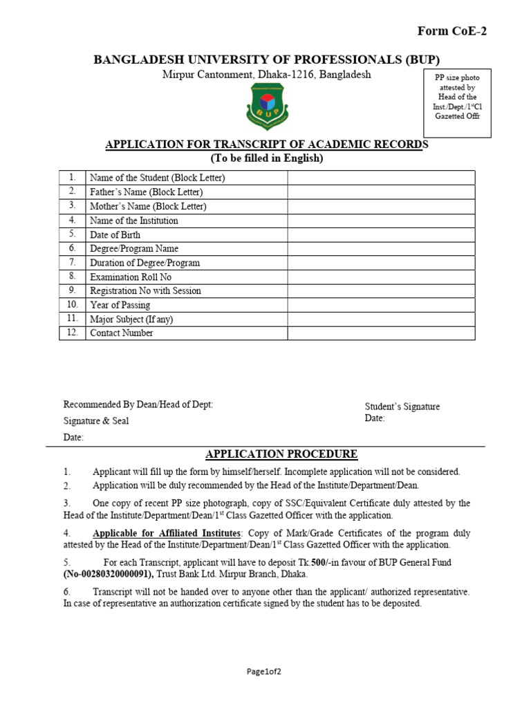 BUP Transcript Application Form | PDF