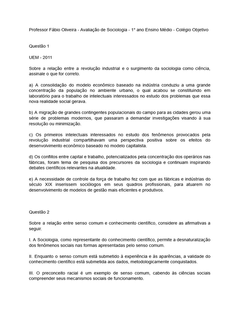 Avaliação de Sociologia: Revolução e Senso Comum | PDF