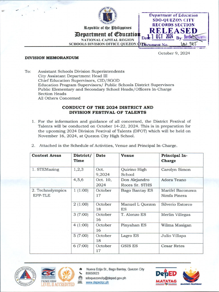 Conduct of The 2024 District and Division Festival of Talents | PDF