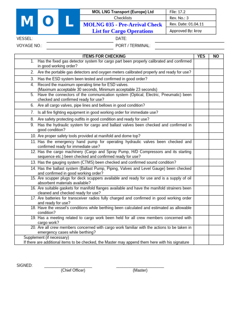 MOL LNG Pre-Arrival Checklist | PDF | Mechanical Engineering | Gas ...