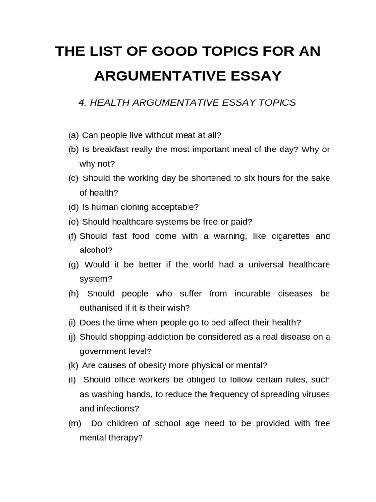 Argumentative Essay Topics - 4 | PDF