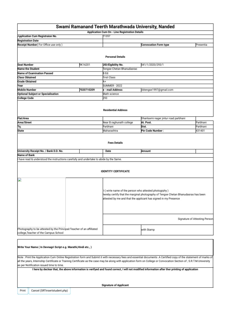S.R.T.M.University - Convocation Form | PDF