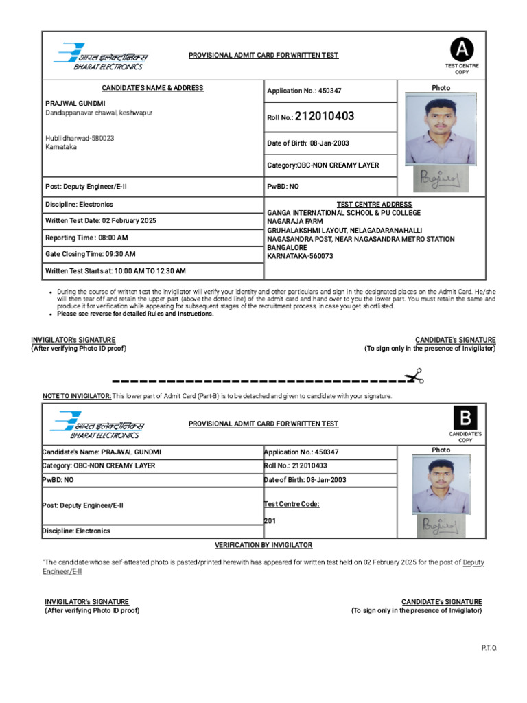 Admit Card for Deputy Engineer Test | PDF | University And College ...