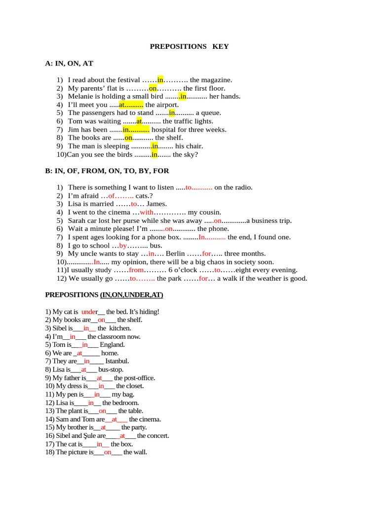 Prepositions Key | PDF