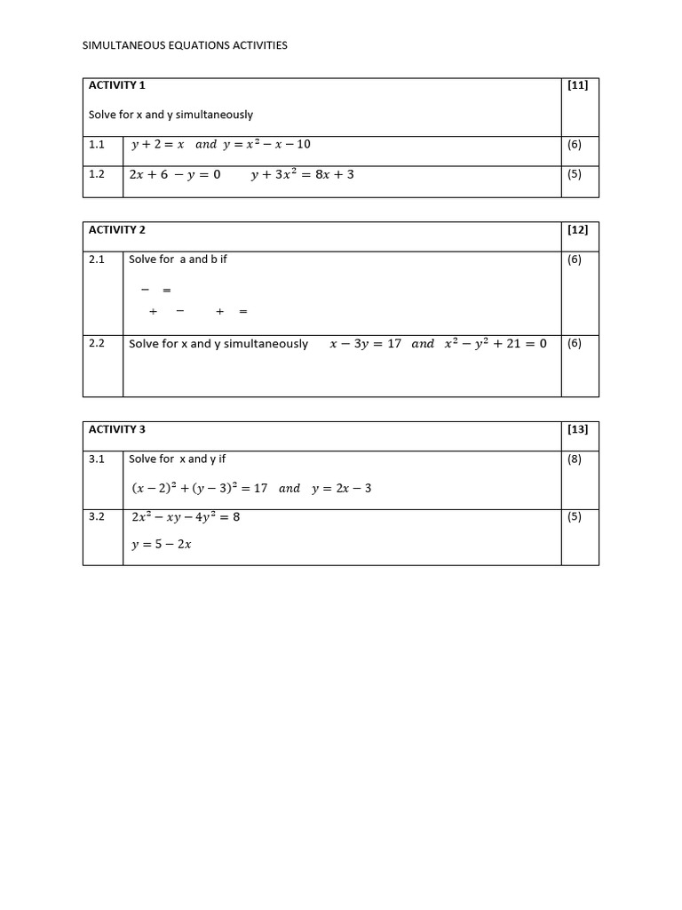 Simultaneous Equations Activities | PDF
