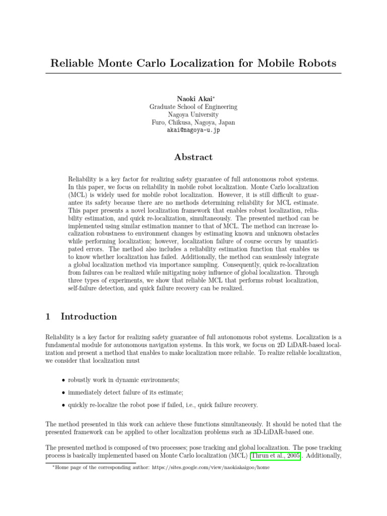 Reliable MCL for Mobile Robot Localization | PDF | Reliability ...