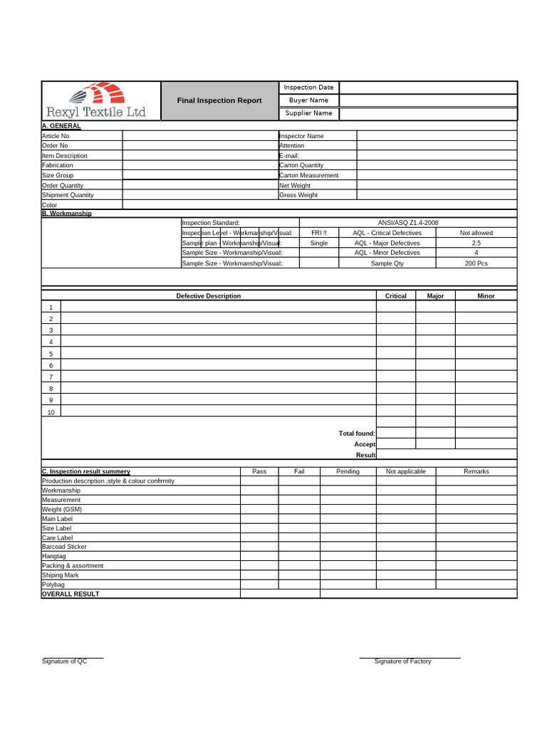 Final Inspection Report Template | PDF | Clothing