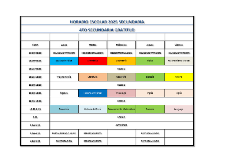 Horario Escolar 2025 para 4to Secundaria | PDF
