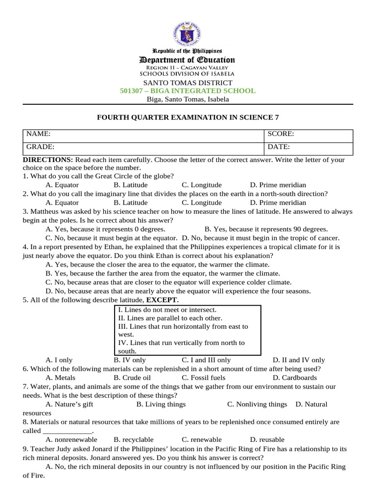 Science 7 Fourth Quarter Exam Guide | PDF | Eclipse | Apsis