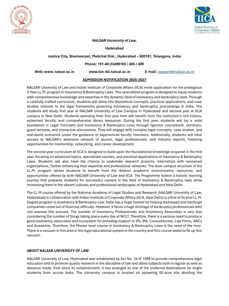 LLM IBL Admission Notification 2025 27 25th November | PDF