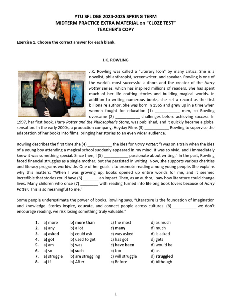 2024-25 Spring - Cloze-Test Practice Material - TC | PDF | Electric ...