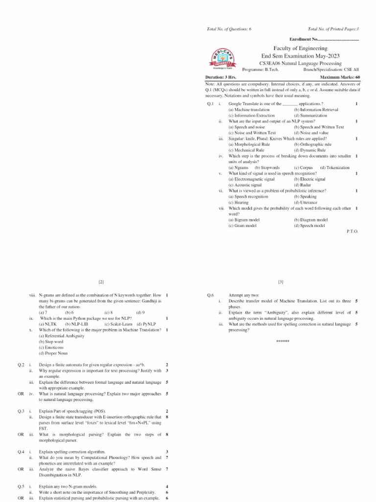 NLP 2K23 MAY CS3EA06 Natural Language Processing | PDF