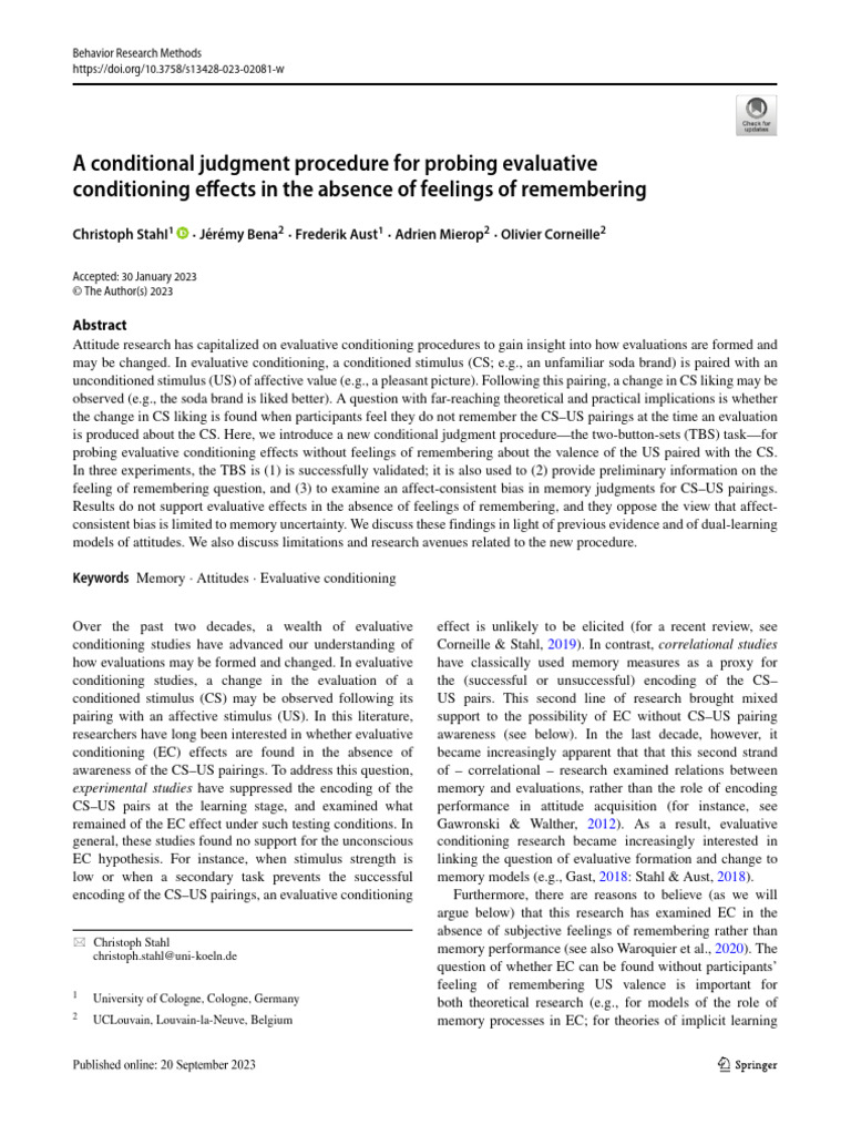 Evaluative Conditioning Without Recall | PDF | Classical Conditioning ...