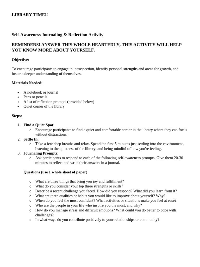 Self-Awareness Journaling Activity | PDF | Self Awareness | Personal ...