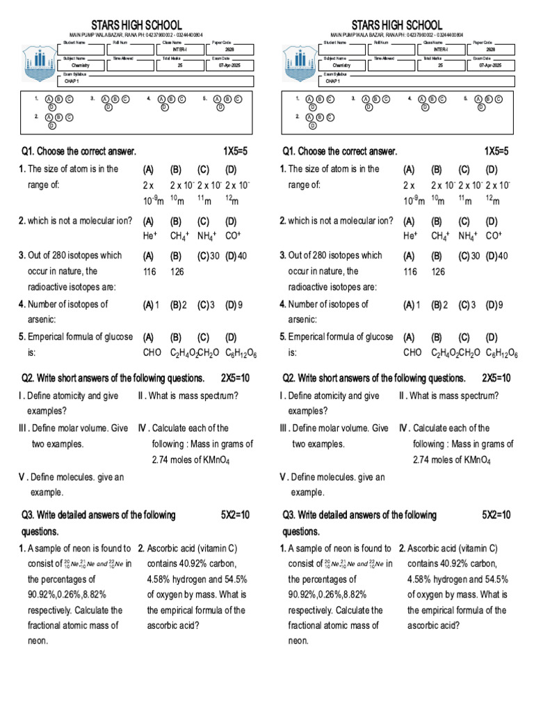 1st Year Chemistry Chapter 1 Exercises | PDF | Mole (Unit) | Chemistry