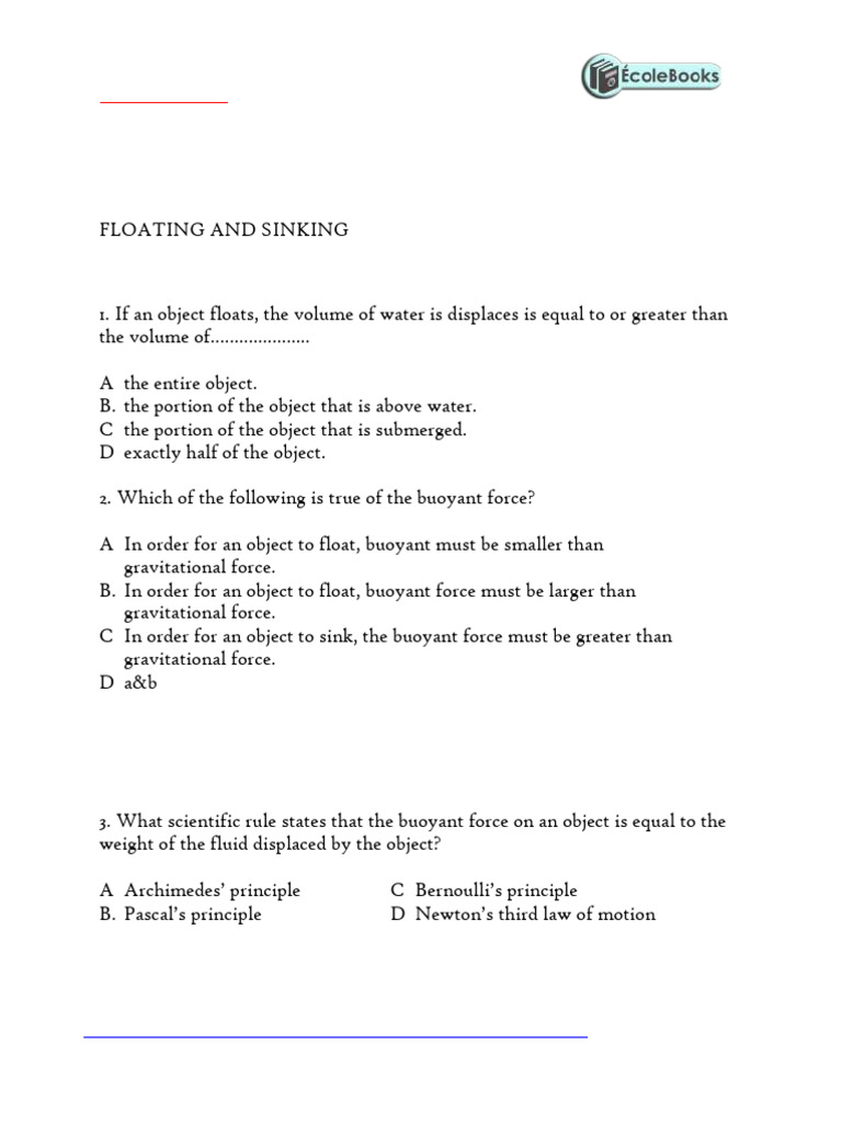 Factors Affecting Floating and Sinking | PDF | Buoyancy | Physical ...