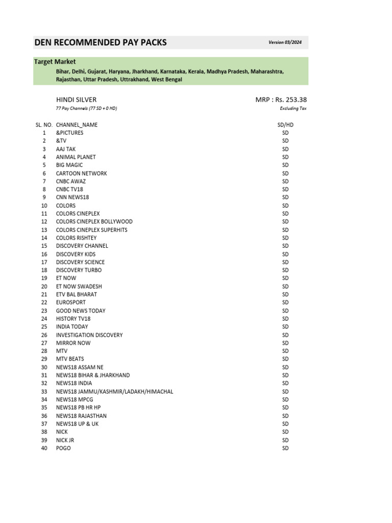 DEN Pay Packs Price List 2024 | PDF | Broadcasting | Television