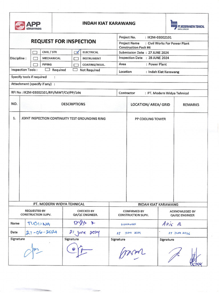 Joint Inspection Continuity Test Gounding Ring Area Cooling Tower | PDF