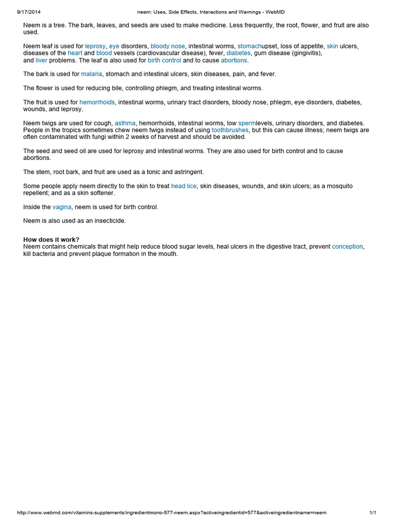 Neem - Uses, Side Effects, Interactions and Warnings - WebMD | PDF