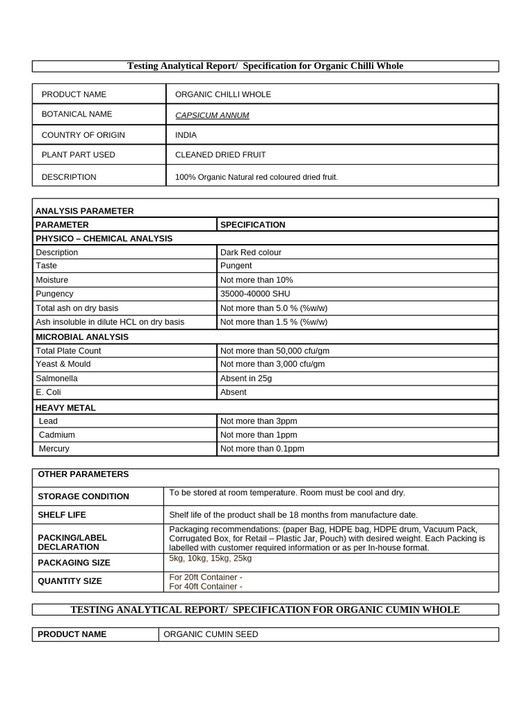 SPECIFICATION FOR WEBSITE Chilli, Cumin Whole | PDF | Cumin | Chili Pepper