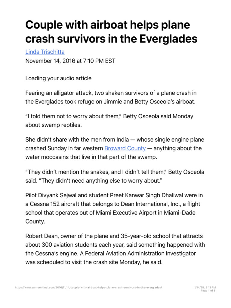 Couple With Airboat Helps Plane Crash Survivors in the Everglades – Sun ...