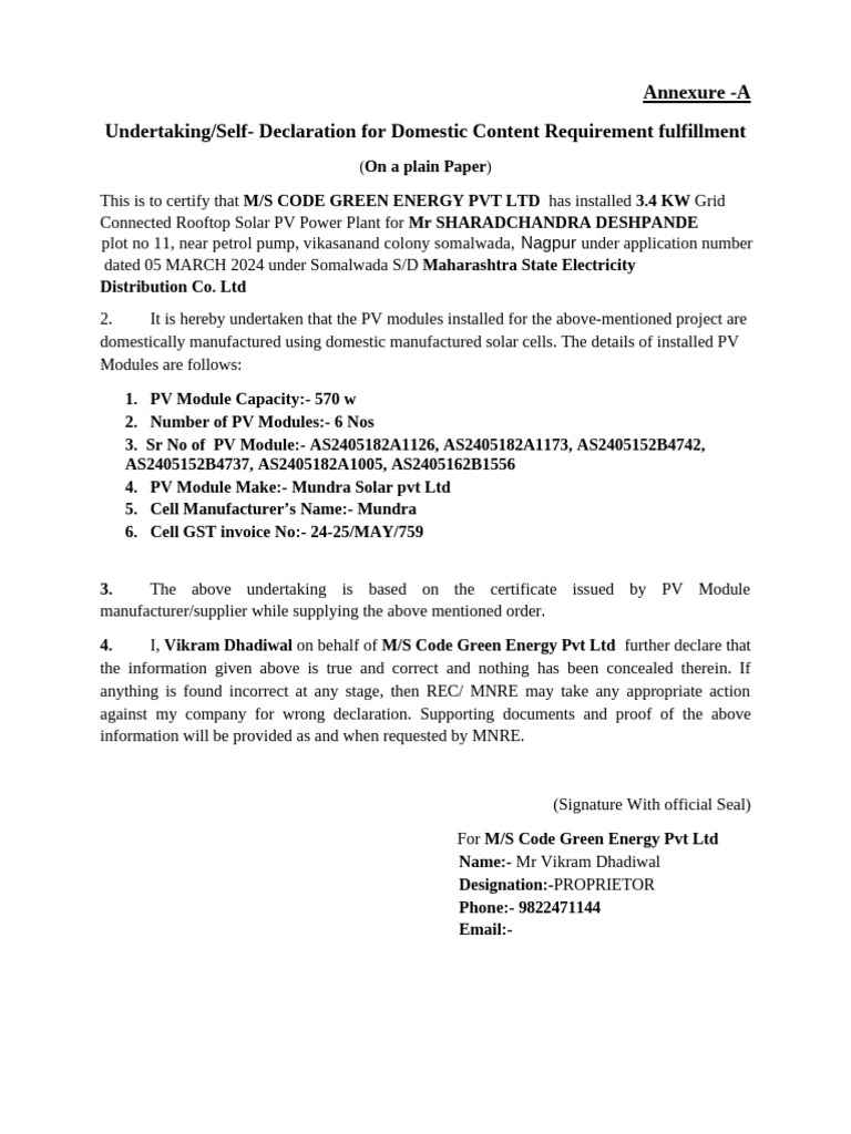 DCR Self-Declaration for Solar PV | PDF | Photovoltaics | Photovoltaic ...