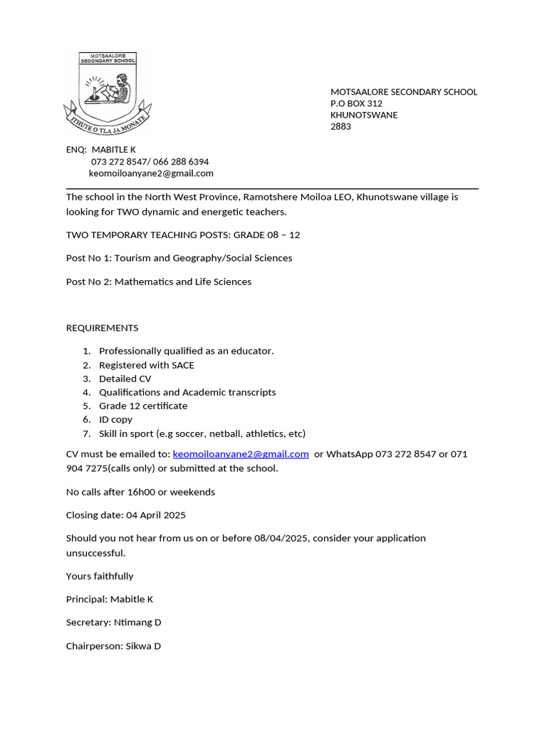 Teaching Jobs at Motsaalore Secondary School | PDF