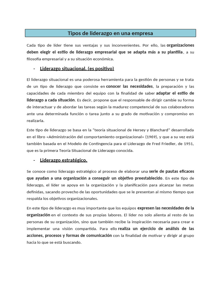 Tipos de Liderazgo en Una Empresa | PDF | Liderazgo | Economias