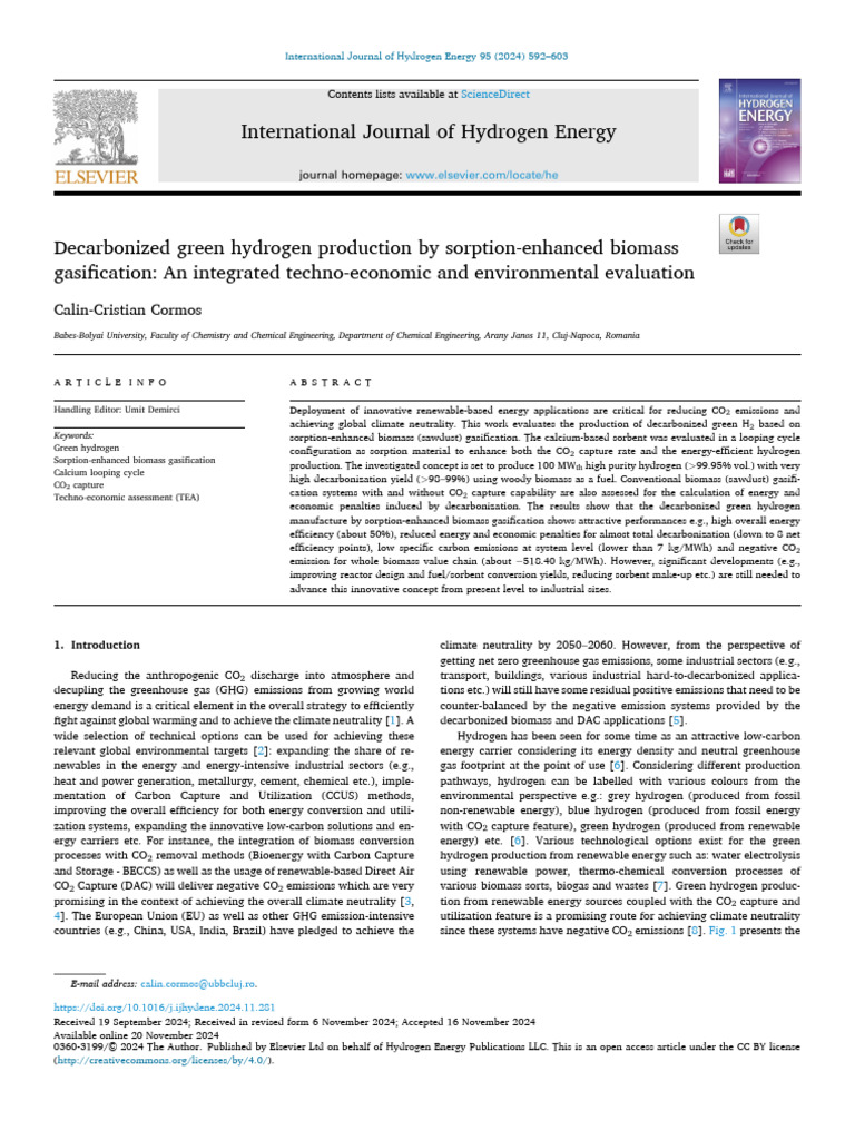 Decarbonized Green Hydrogen Production by Sorption Enhanced Biomass ...