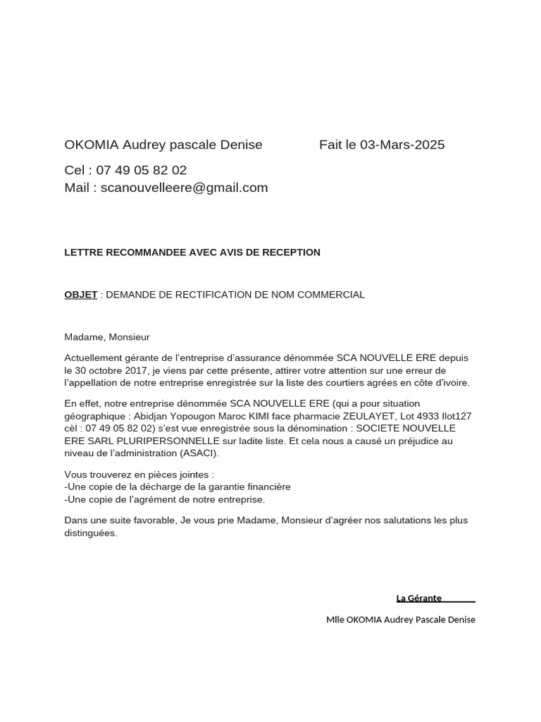 Demande de Rectification Nom Commercial | PDF