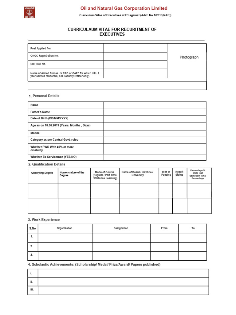 ONGC Executive CV Template E1 Level | PDF